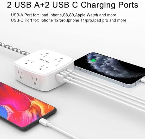 Surge Protector Power Strip - YISHU 8 Outlets with 4 USB (2 USB C) Charging Ports, 5Ft Braided Extension Cord, Flat Plug Multi Plug Outlet Extender Charging Station for Home Office, ETL, White - Image 3
