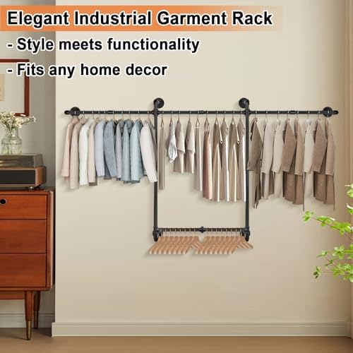 Livabber Industrial Pipe Clothes Rack, Heavy Duty Detachable Iron Garment Rack Wall Mounted, Rustic Saving Space Clothes Bar Multi-Purpose Hanging Rod for Bedroom, Closet, 2 Tier, Black (82 Inch) - Image 4