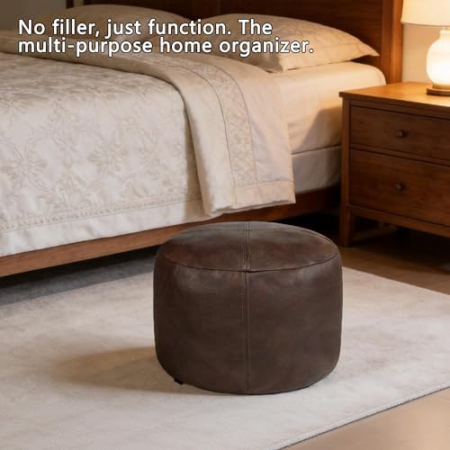 Thgonwid Unstuffed Faux Leather Pouf Cover, Handmade Footstool Ottoman Storage Solution, Floor Footrest Cushion - 16.5”Dx12”H, Matte Coffee - Image 4