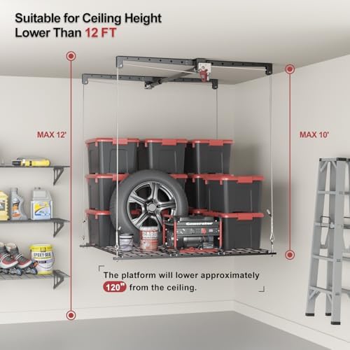 Overhead Garage Storage Rack for 10–12 FT Ceiling, Heavy-duty 4x4 FT Ceiling Storage Racks with Safety Lock, Ideal for Garage Storage Mounted Lift System and Storage Organizer, 250lbs Capacity - Image 2