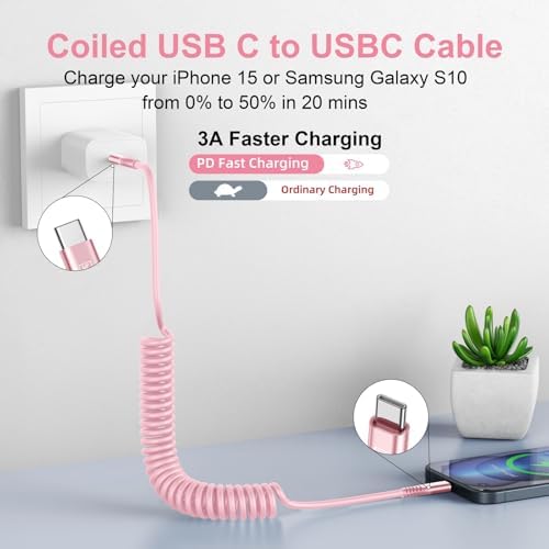 USB C to C Cable 6FT, 2Pack Coiled USB C Fast Charging Cable for CarPlay - Image 2