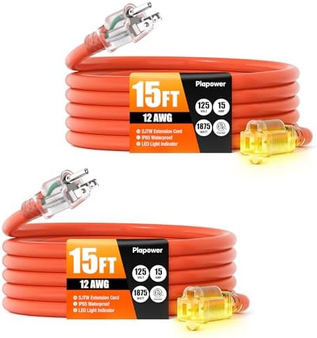 12/3 Gauge Outdoor Extension Cord 15 FT Heavy Duty Waterproof Orange（2pack） by Unknown