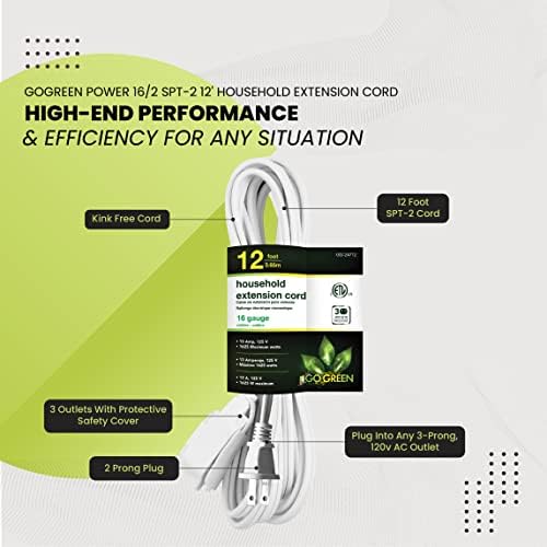 GoGreen Power (GG-24712) 16/2 12' Household Extension Cord, 3 Outlets, White, 12 ft - Image 5