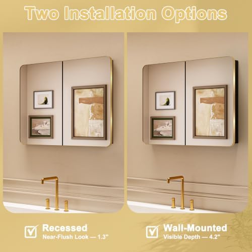 32x24 in Brushed Gold Double Door Medicine Cabinet with Mirror, Gold - Image 4