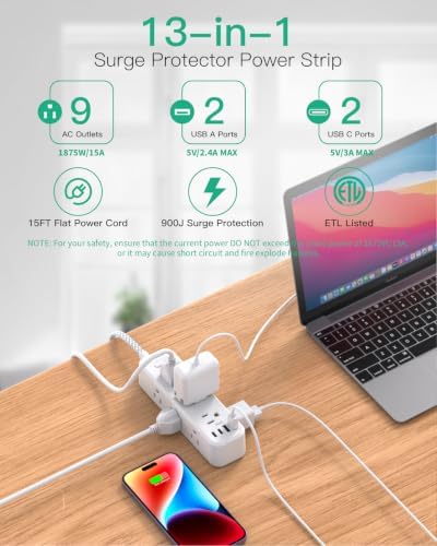 Mifaso Extension Cord with Multiple Outlets 15FT, 13-in-1 Long Power Strip - Image 3