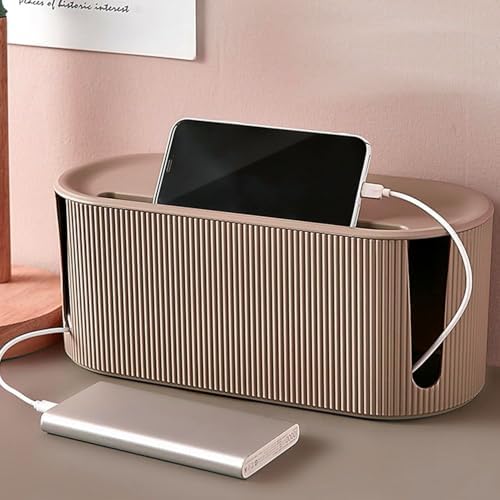 Cable Management Box,Desk Cord Organizer with Groove Cover,Plastic Cord Hider Box,Large Cable Box Organizer,Power Socket Management for TV/Computer/Router/Games Console Cable Storage (Milk Tea) - Image 2
