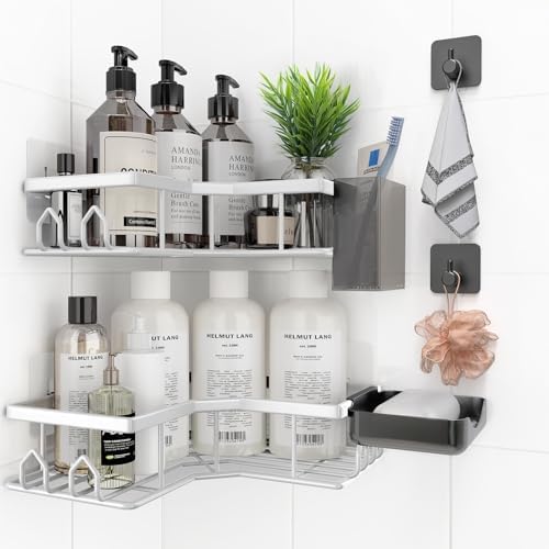 Adhesive Shower Caddy, 6 Pack Corner Bath Organizer, Rustproof Stainless Steel Shower Shelves with Large Capacity, No Drilling Shelves for Bathroom Storage, Home, Kitchen Décor (White). by Unknown