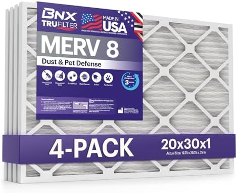 BNX TruFilter 20x30x1 Air Filter MERV 8 (4-Pack) - MADE IN USA – Dust & Pet Defense Electrostatic Pleated Air Conditioner HVAC AC Furnace Filters for Dust, Pet, Mold, Pollen MPR 600 – 700 & FPR 5 by BNX