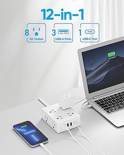 Olcorife Flat Plug Power Strip with 15 FT Extension Cord, 8 Outlets 4 USB Ports(1 USB C), 3 Sided Outlet Extender for Home Office Travel Dorm Room Essentials, White - Image 2