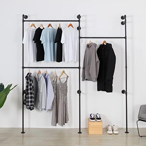 Wall Mounted Industrial Pipe Clothing Rack Garment Racks Pipeline Vintage Rolling Rack On Wall, Heavy Duty Rustic Gold Metal Garment Frame for Bedroom, Living room (Black) by EDCB
