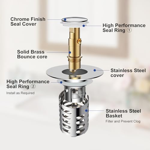 Bathroom Sink Drain Strainer, 2PCS Pop Up 3 in 1 Bathroom Sink Stopper with Removable Stainless Steel Filter Basket Drain Hair Catcher, Sink Plug for 1.1''~2.36'' Basin, Brass Bullet Core, Chrome - Image 6