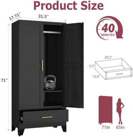 GAIOUS Metal Armoire Wardrobe Closet Cabinet with 2 Doors and Drawer, 71" - Image 2