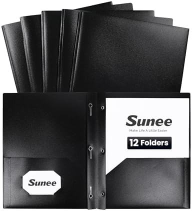 SUNEE 12-Pack Black Plastic Folders with Pockets and Prongs, Letter Size, 9 x 11.5 in by SUNEE
