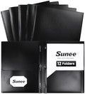 SUNEE 12-Pack Black Plastic Folders with Pockets and Prongs, Letter Size, 9 x 11.5 in by SUNEE