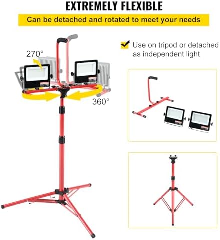 VEVOR LED Work Light with Stand, 10000 Lumen Dual-head LED Work Light with 27.6"-68.1" Adjustable and Foldable Tripod Stand, IP65 Waterproofed LED Tripod Work Light, with 5000 Kelvin Color Temperature - Image 5