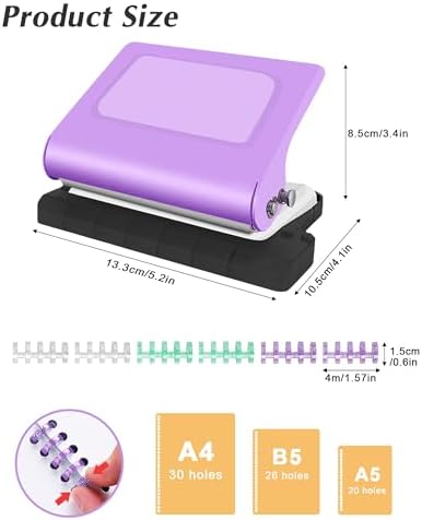 10 Hole Punch Binding Machine for Planners,Paper Puncher with Binder Rings,Punches Holes on B5,A4,A5 Paper,Metal Manual Binding System,Handheld Metal Circle Paper Puncher for Home Office Study,Purple - Image 2