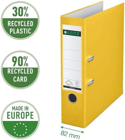 Leitz Plastic Lever Arch File, 90 Percent Recycled Card, 30 Percent Pre-Consumer Recycled Plastic, with Thumbhole and Rado Rings, 80mm Spine 600 Sheet Capacity, Yellow, 10101015 - Image 2