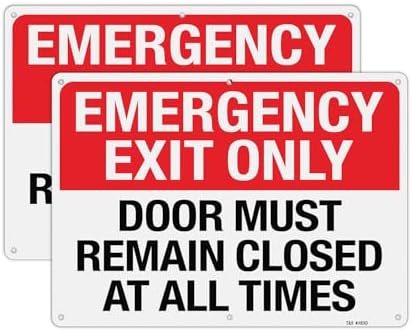 T&R Large Emergency Exit Only Sign Door Must Remain Closed At All Times - 2 Pack - 14 x 10 Inches Rust Free .040 Aluminum Reflective - UV Protected, Waterproof, Weatherproof and Fade Resistant - 6 Pre-drilled Holes by TR