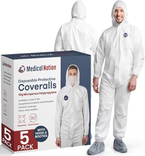Medical Nation Hazmat Suits Disposable | Pack of 5 | Protective Coveralls with Attached Hood and Boots | Heavy Duty Full Body Painters Suit for Adults - Breathable & Water Resistant | Extra Large by MEDICALNATION