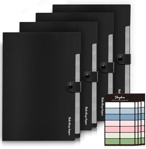 SKYDUE Expanding File Folders with Labels,8 Pockets Accordion File Organizer, Portable Document Paper Organizer, A4 Letter Size Filing Folder for Office, Pack of 4, Black by SKYDUE