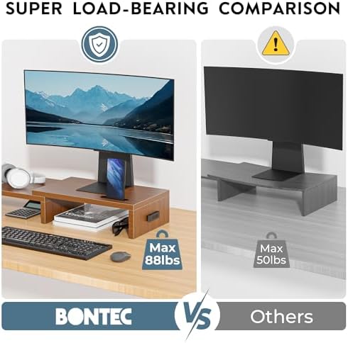 BONTEC Dual Monitor Stand Riser, Adjustable Length & Swivel Angle, Walnut - Image 6