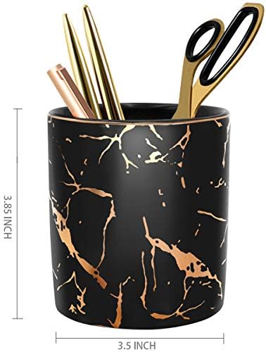 Pencil Cup, Pen Holder for Desk, Pen Pencil Stand Holder for Desk, WAVEYU Office Desk Organizer for Girls Women Kids Ceramic Glitter Marble Makeup Brush Holder, Black (Upgrade Style) - Image 2