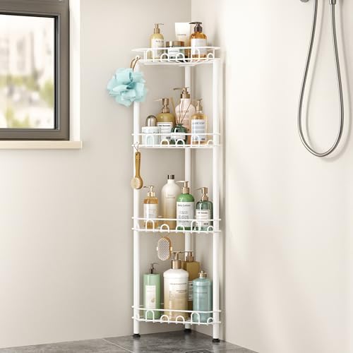 SWTYMIKI Standing Shower Caddy Corner - 4‑Tier Stainless Steel Shower Organizer Shelf with 16 Hooks and Adhesive Pads, Rustproof Corner Shelves Stand Rack for Bathroom Shower Room, white by SwtyMiki-TidyHomeSweetLife