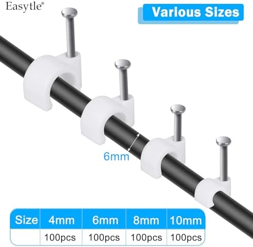 Cable Wire Clips 4mm 6mm 8mm 10mm Cable Management RG6 RG59 CAT5 CAT6 RJ45 Electrical Ethernet Dish TV Speaker Wire Cord Tie Holder Single Coaxial Nail Clamps (Pack of 400) - Image 3