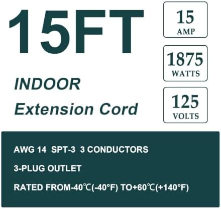 EP 15 Ft Heavy Duty Appliance Extension Cord14 AWG 3-Prong Flat Plug, Gray - Image 2