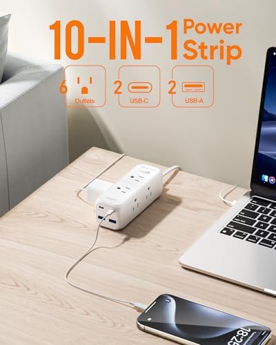 Olcorife Flat Plug Power Strip with 3 FT Extension Cord, 6 Outlets 4 USB Ports(2 USB C), 3 Sided Outlet Extender for Home Office Travel Dorm Room Essentials, White - Image 2