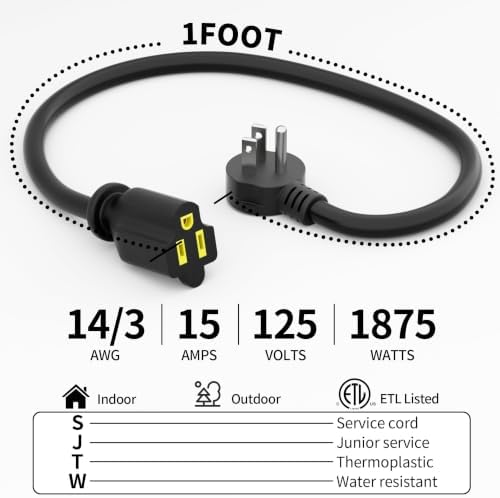 Vockjour 1 FT 3 Pack 14 Gauge Low Profile Flat Plug Extension Cord Black - Image 2