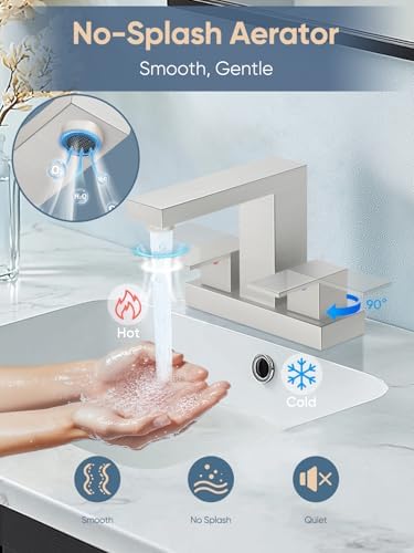Cobbe Bathroom Faucets for Sink 3 Hole, Brushed Nickel Bathroom Sink Faucet Square 4 Inch Centerset with Pop-Up Drain, 2 Handle and 2 Supply Hoses, Lead-Free Stainless Steel for Vanity, Rv, Farmhouse - Image 2