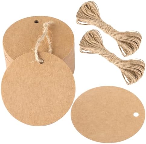 G2PLUS 2.5 Inch Round Kraft Paper Gift Tags with String, 100PCS Blank Tags by G2PLUS