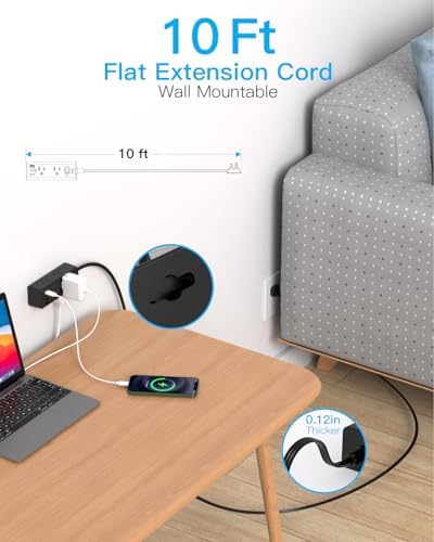 One Beat 10Ft Extension Cord with Multiple Outlets,Flat Plug Power Strip - Image 2