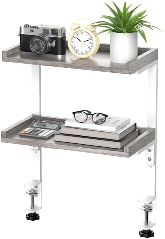 Clamp On Desk Shelf 2-Tier, Wood Shelving Unit for Office Desk/Gaming Accessories, Tabletop Book Storage Rack, Shelf for Top of Desk, Grey by ART-GIFTREE