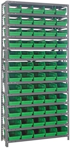 Quantum Storage Systems 1275-102GN Steel Shelving Unit with 4" Shelf Bins, 12" D x 36" W x 75" H, Green by QuantumStorageSystems