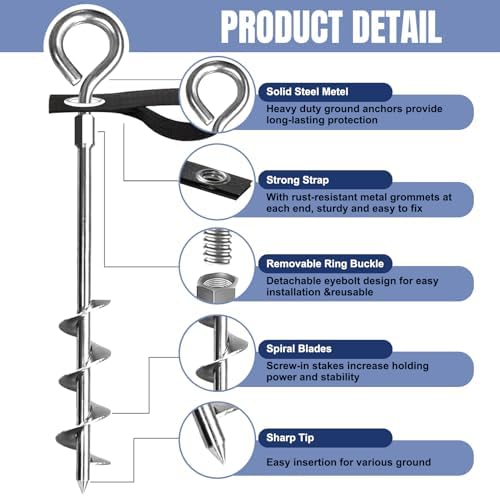 Eurmax USA 4 Pack Heavy Duty Ground Stakes&Anchors,Commercial Spiral Screw-in Trampoline Stakes with Reinforced Tie-Down Straps,High Wind Stabilizing Kit for Canopies,Outdoor Sheds,Swing Sets(Silver) - Image 4