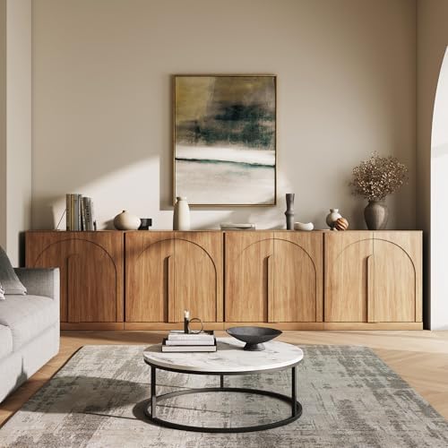 BELLEZE 2 Tier Bookshelf with Arched Wood Door, Set of 4 Modern Display Bookcase Shelf with Storage and Adjustable Shelves, 126" Wood Bookshelves for Living Room Office Entryway (Camel) by BELLEZE