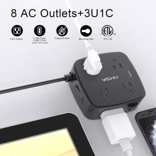6 Ft Surge Protector Power Strip - YISHU 8 Widely Outlets with 4 USB Ports, 3 Side Outlet Extender with 6 Feet Flat Extension Cord, Ultra Flat Plug, Wall Mount, Desk USB Charging Station, ETL, Black - Image 2