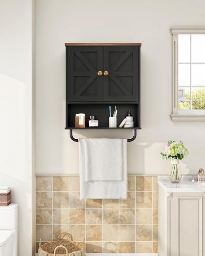 CHOEZON Bathroom Wall Cabinet, Medicine Cabinet with Open Partition and Towel Bar, Rustic Storage Cabinet with Open and Hidden Storage Space, for Bathroom, Living Room, Kitchen, Black and Walnut - Image 2
