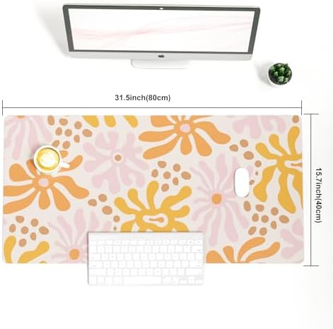 Faux Leather Large Mouse Pad, Office Desk Mat, 31.5"x15.7", Wavy Flowers - Image 3