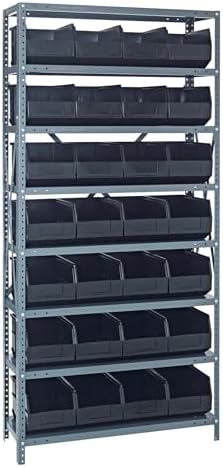 Quantum 2475-483BK Heavy Duty Shelving Unit with (8) Shelves and (28) SSB483 Black Bins for Industrial Warehouse Storage Distribution | 400 lbs Capacity | 24"D x 36"L x 75"H, Galvanized Carbon Steel by QuantumStorageSystems