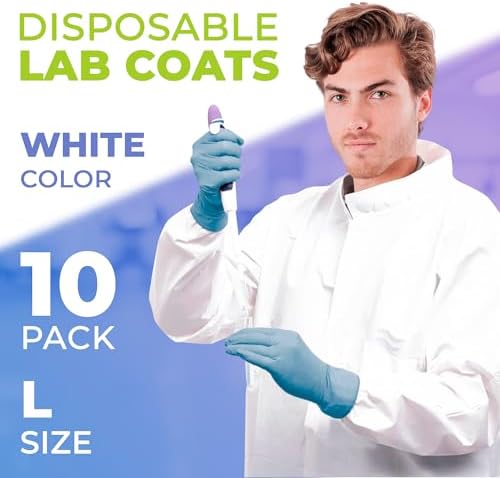 AMZ Medical Supply Disposable Lab Coats Large, 60gsm Microporous Long Sleeve, Elastic Cuffs, Hook & Loop Closure, Mandarin Collar, White, No Pockets, Pack of 10 - Image 2