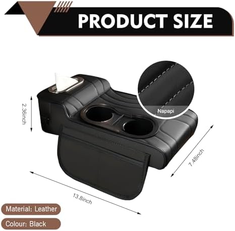 Car Armrest Box Mat, Multifunctional Soft Leather Center Console Height Enhancement Storage Armrest Decoration with Tissue Box, Cup Holder, Side Bags, Universal for Most Cars (Black) - Image 2
