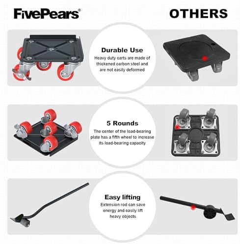 Fivepears Furniture Lift Mover Tool Set-3000 lb,5-Wheel Heavy-Duty Furniture Dolly with Handle,360°Swivel Casters Trolley-Ideal for Moving Heavy Machinery, Equipment, Pianos, Couches and Carpeted - Image 4