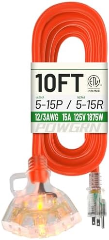 POWGRN 10 FT 12/3 Gauge Orange Heavy Duty Outdoor Extension Cord by POWGRN