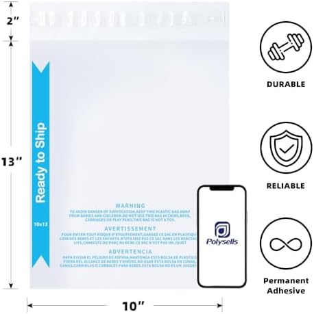 POLYSELLS 200 Count 10"x13" Strong Self Seal Clear Poly Bags with Suffocation Warning for Packaging, Shipping, T-Shirts, Clothes & FBA, Permanent Adhesive - Image 2
