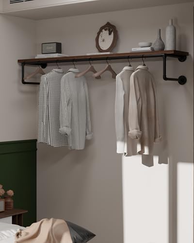 Clothes Rack 60in, Wall Mounted Garment Racks with Real Walnut Wood Shelf, Heavy Duty Hanging Clothes Rack, Multi-Purpose Hanging Rod, Space-Saving Closet Storage by INDUSTRIALSHELVESDESIGN