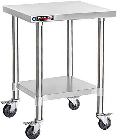 DuraSteel 30x18 NSF Stainless Steel Cart Work Table - Heavy Duty Rolling Food Prep Table - Metal Utility Cart on Wheels Caster, Grill Stand Microwave Outdoor Kitchen Tables Countertop Island Large Top by DuraSteel