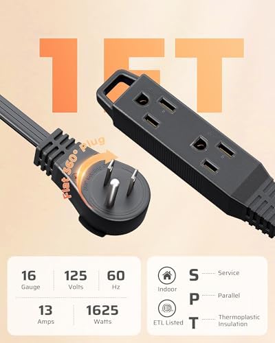 DEWENWILS 1FT 360° Rotating Flat Plug Extension Cord/Wire, 16/3, 2 Pack - Image 3